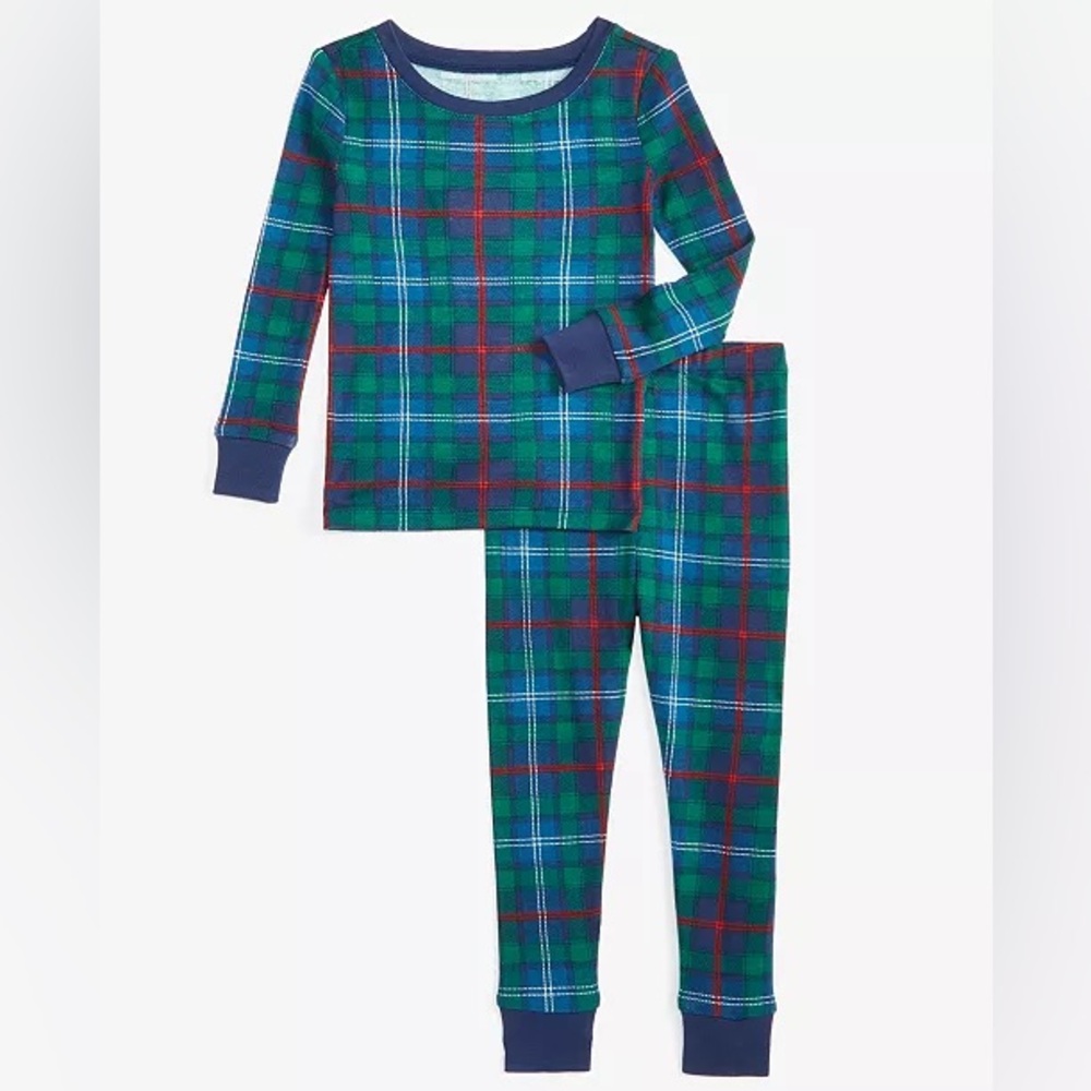 New - Holiday Lane Unisex Plaid Holiday Kids Pajamas - Blue and Green